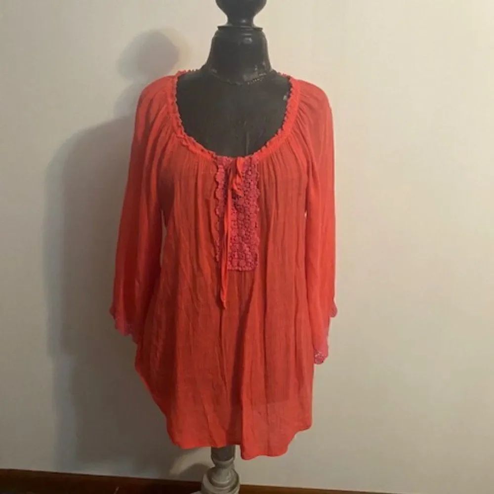 Melissa Paige Orange off the shoulder drawstring Lace tunic, size L